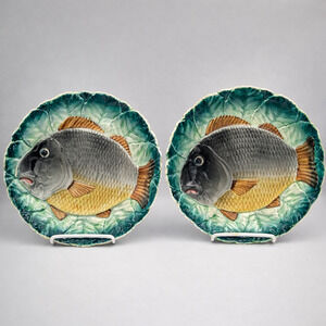 Vintage Majolica Fish Plate Pair – Cabbage Leaf Carp Plates – Set of 2